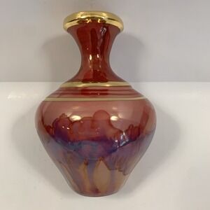 Flambe Ox Blood Vase Round 4.25" Red Blue Purple Gold Glazed Chinese Porcelain
